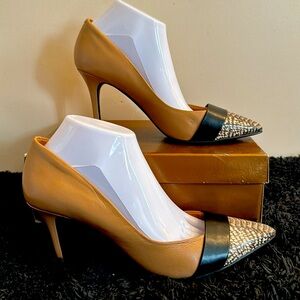 Sexy tan black wrap strap over a crocodile finish design toe high heels